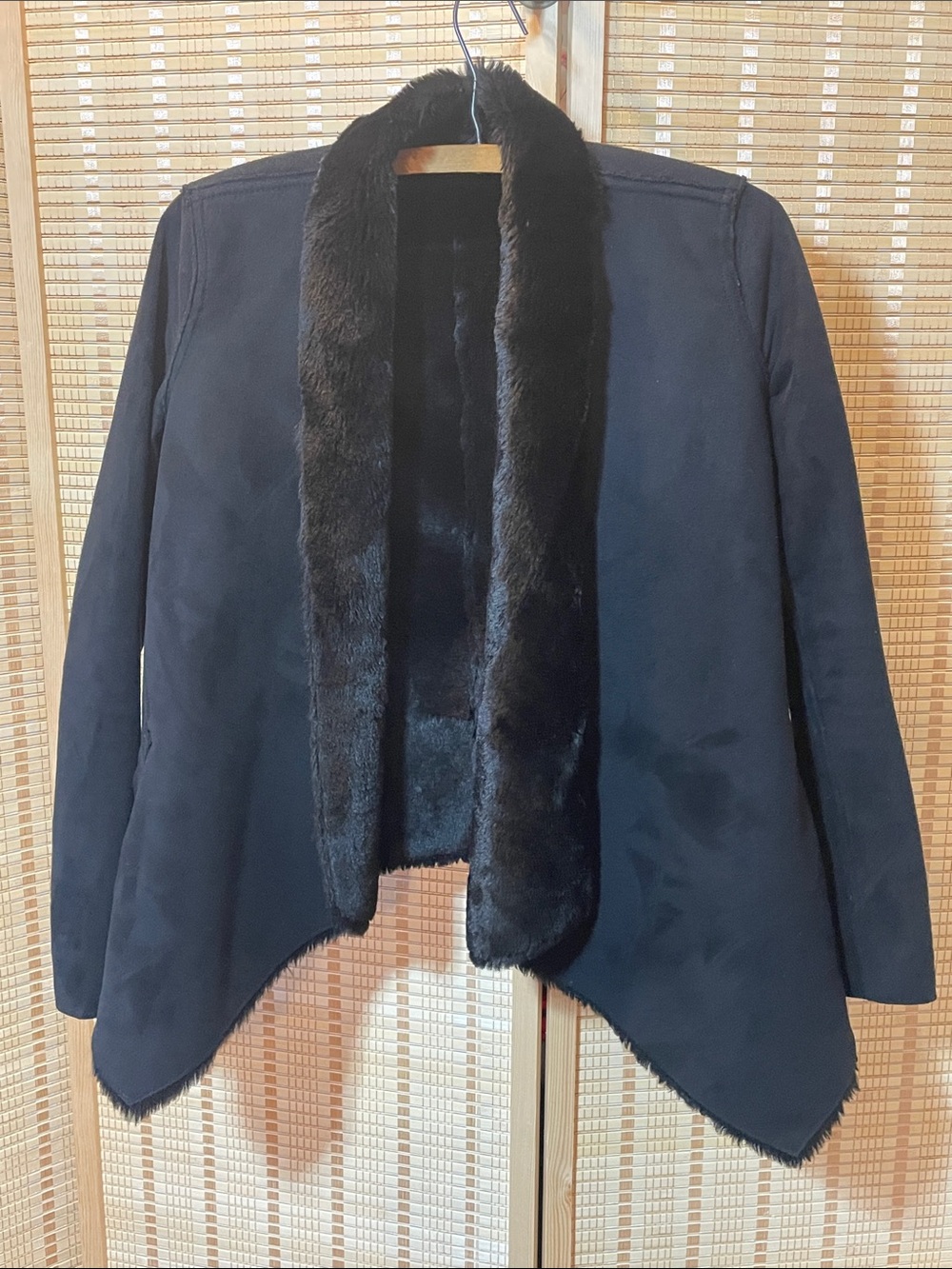 Black Faux Fur Trim Open Front Women's Jacket Size XS